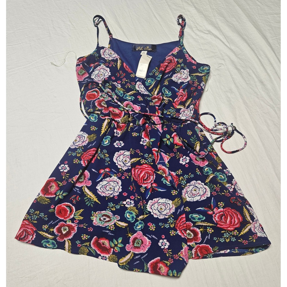 Blue Rain Romper Women Size Medium Navy Floral Wrap Front Francesca's NWT